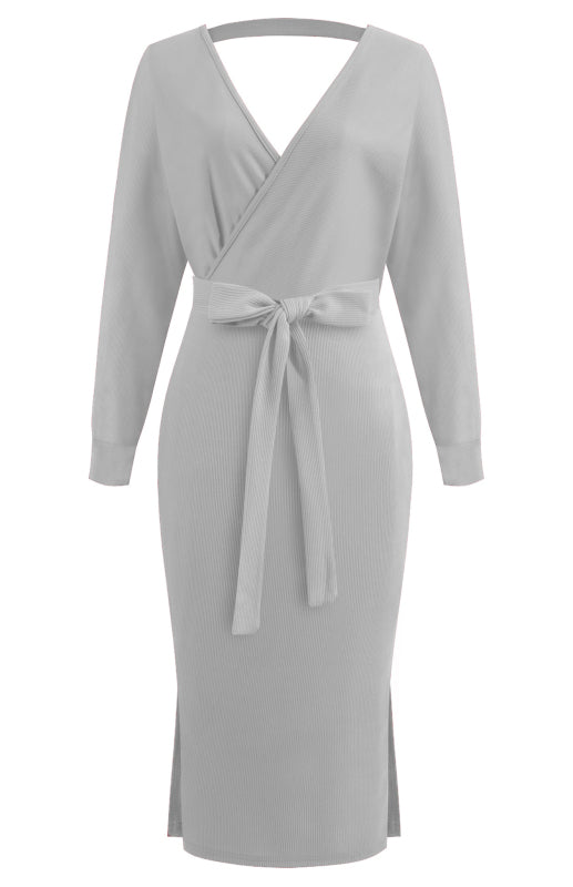 Long-Sleeve V-Neck Lace-Up Midi Dress – Elegant Slim Fit with Belt