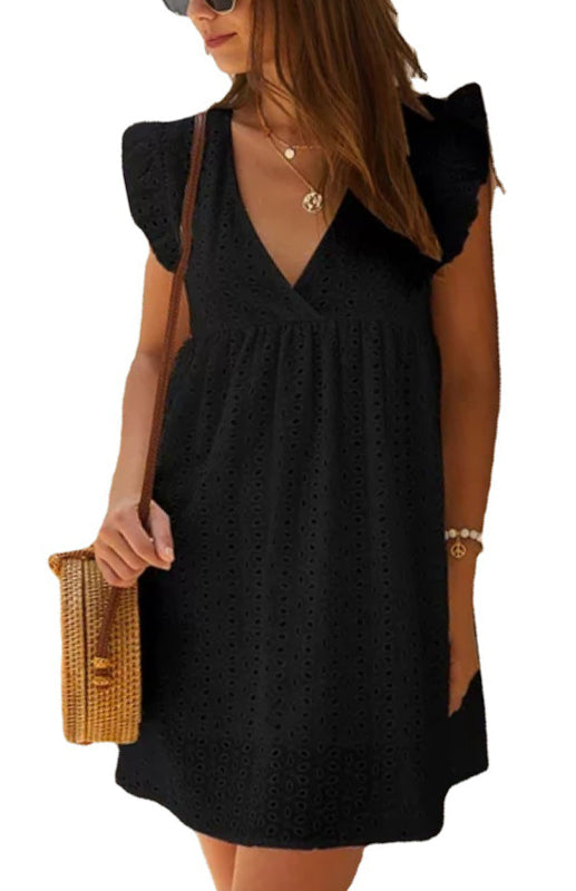 Embroidered Cotton V-Neck Lace Midi Dress – Short Sleeves & Ruffle Hem