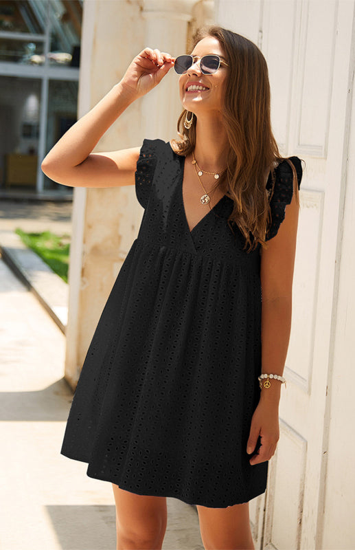 Embroidered Cotton V-Neck Lace Midi Dress – Short Sleeves & Ruffle Hem