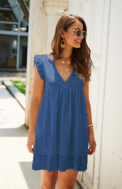 Embroidered Cotton V-Neck Lace Midi Dress – Short Sleeves & Ruffle Hem