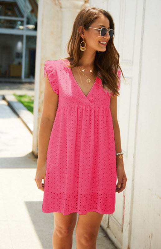 Embroidered Cotton V-Neck Lace Midi Dress – Short Sleeves & Ruffle Hem