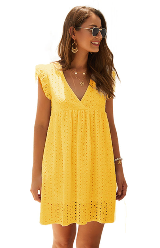 Embroidered Cotton V-Neck Lace Midi Dress – Short Sleeves & Ruffle Hem