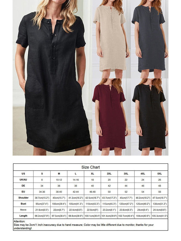 Loose Fit Cotton V-Neck Midi Dress – Pockets, Short Sleeves, S–5XL