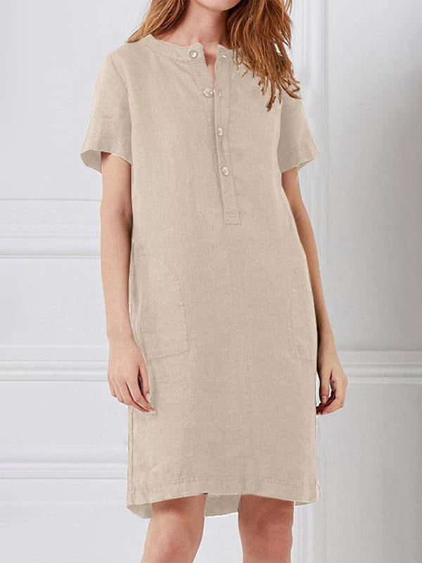 Loose Fit Cotton V-Neck Midi Dress – Pockets, Short Sleeves, S–5XL