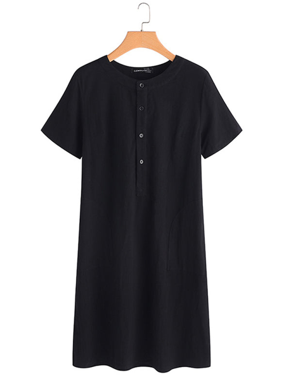 Loose Fit Cotton V-Neck Midi Dress – Pockets, Short Sleeves, S–5XL
