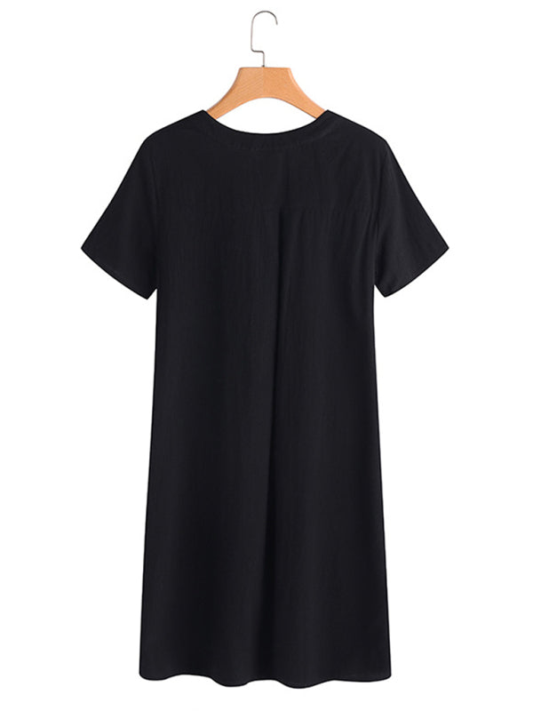 Loose Fit Cotton V-Neck Midi Dress – Pockets, Short Sleeves, S–5XL