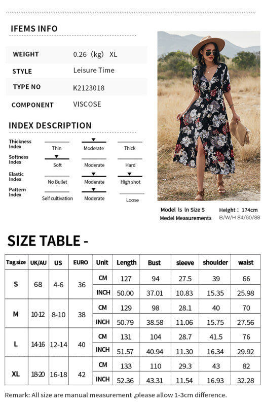 Boho V-Neck Waist Slimming Dress – Floral Print Rayon, Short Sleeves