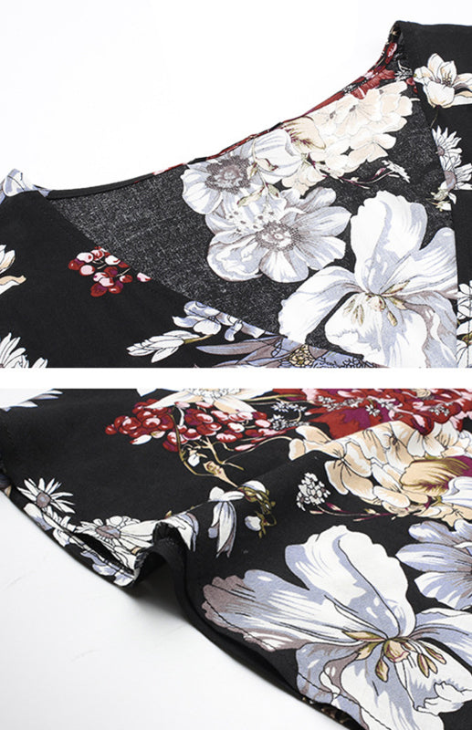 Boho V-Neck Waist Slimming Dress – Floral Print Rayon, Short Sleeves