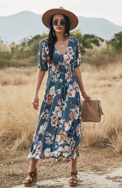 Boho V-Neck Waist Slimming Dress – Floral Print Rayon, Short Sleeves