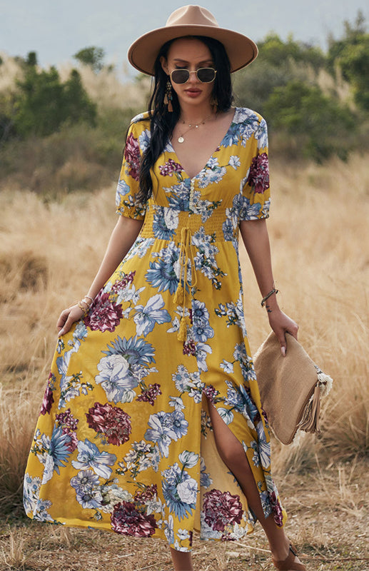 Boho V-Neck Waist Slimming Dress – Floral Print Rayon, Short Sleeves