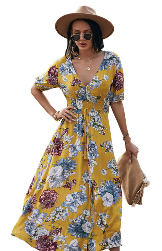 Boho V-Neck Waist Slimming Dress – Floral Print Rayon, Short Sleeves