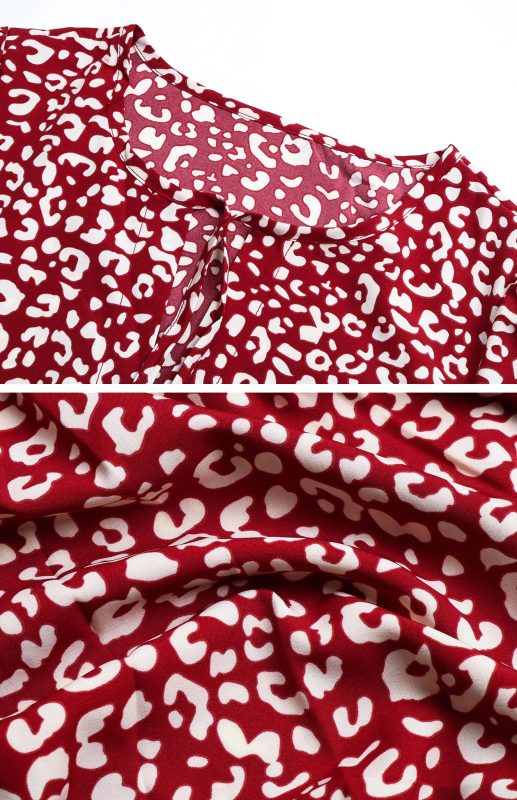 Boho Leopard Print Lantern Sleeve Midi Dress – Wine Red