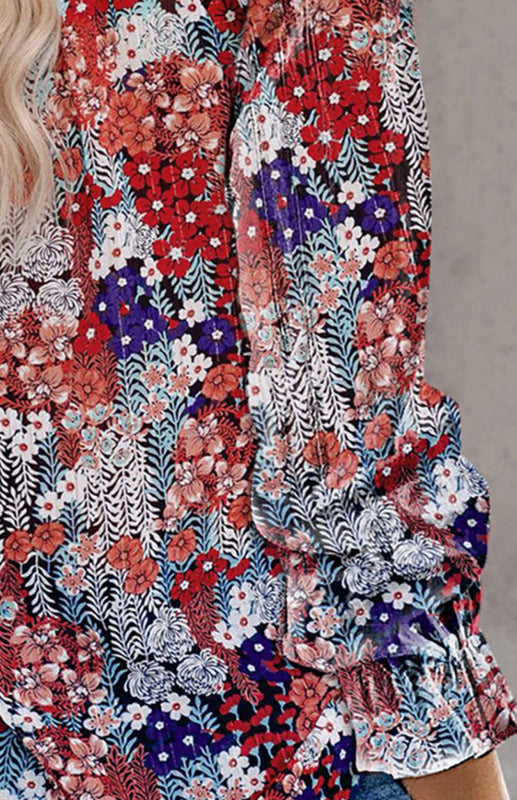 Boho Floral V-Neck Long Sleeve Shirt for Women