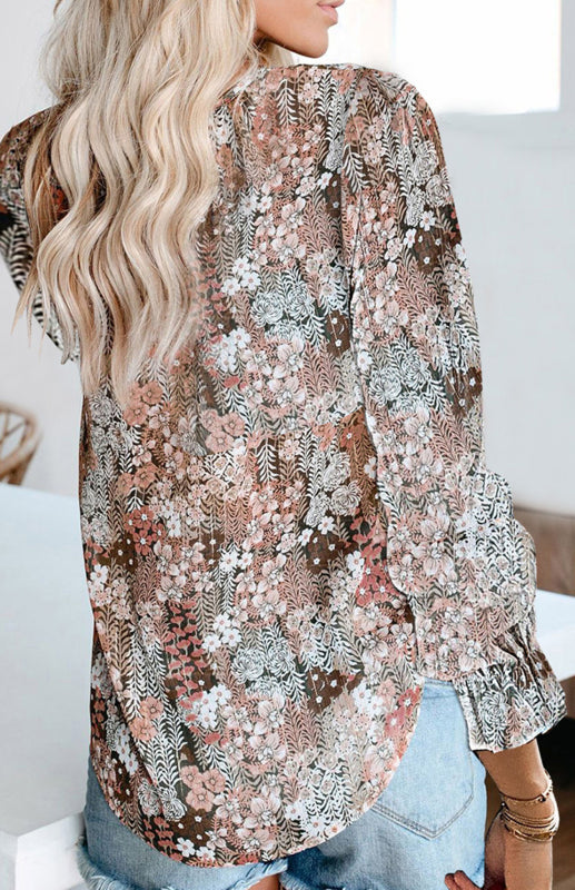 Boho Floral V-Neck Long Sleeve Shirt for Women