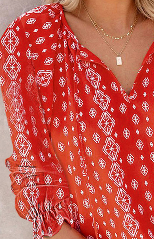 Boho Floral V-Neck Long Sleeve Shirt for Women