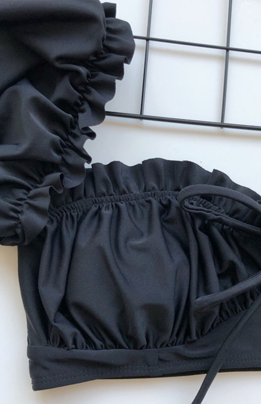 One-Piece Swimsuit with Sleeves – Lace Ruffles, Tie Waist & Square Neck