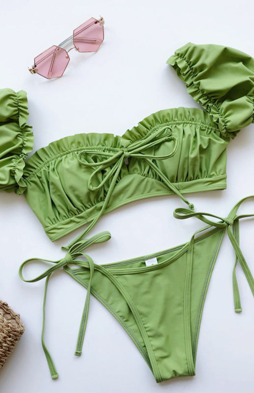 One-Piece Swimsuit with Sleeves – Lace Ruffles, Tie Waist & Square Neck