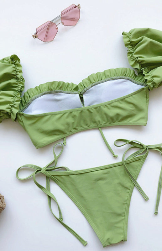 One-Piece Swimsuit with Sleeves – Lace Ruffles, Tie Waist & Square Neck