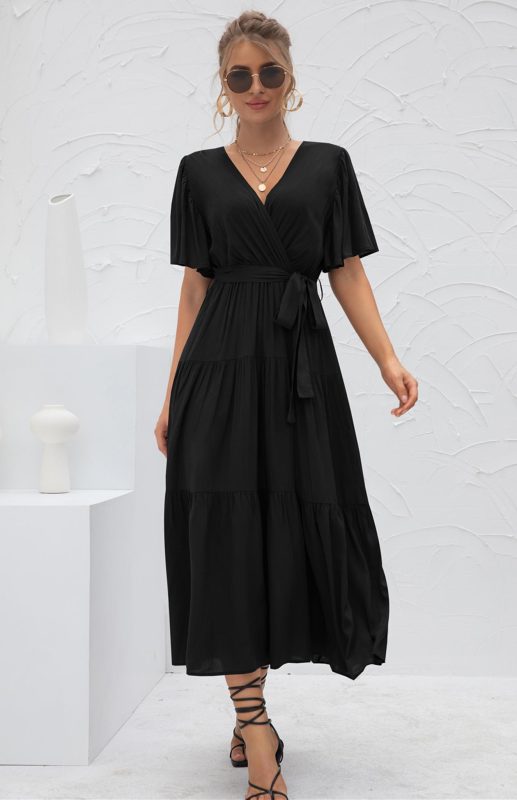 V-Neck Tiered Short Sleeve Midi Dress – Lightweight Boho Style