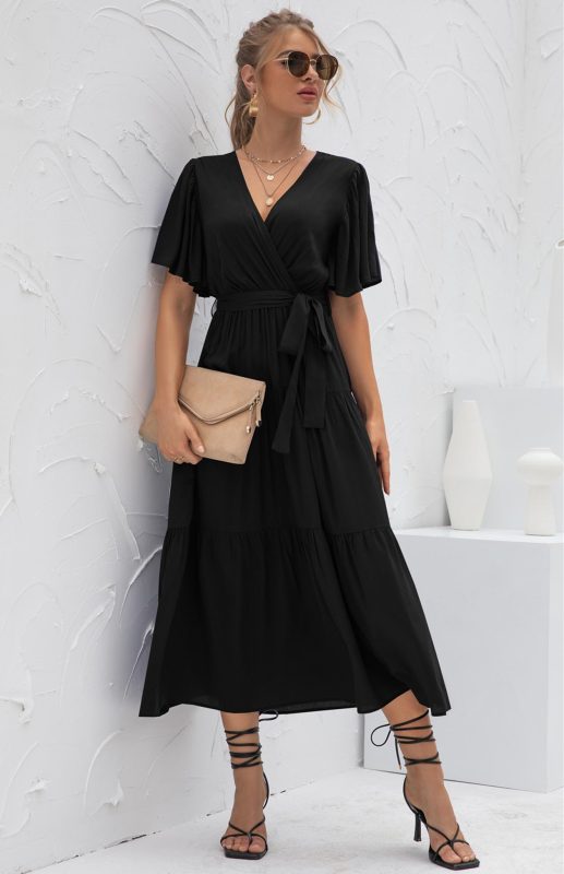 V-Neck Tiered Short Sleeve Midi Dress – Lightweight Boho Style