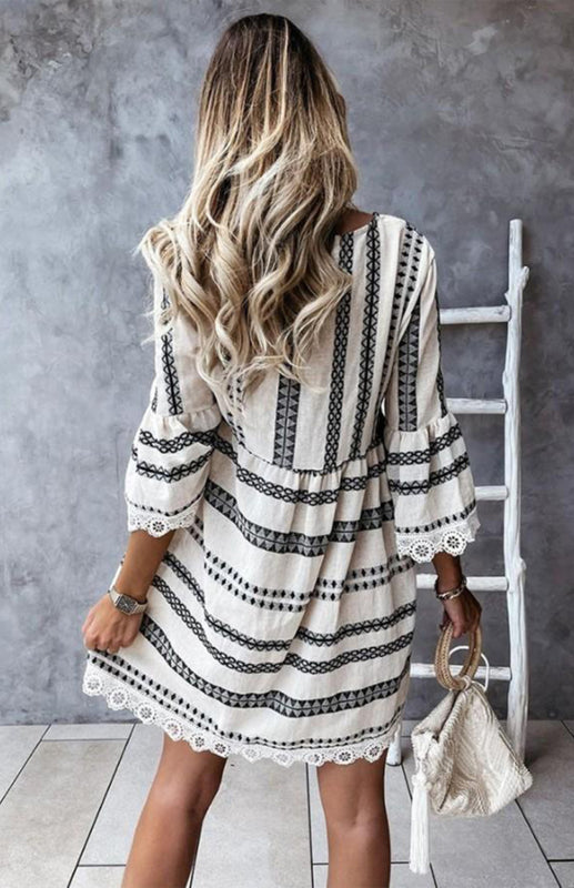 V-Neck Geometric Lace Dress with Flare Sleeves – Lightweight Boho Style