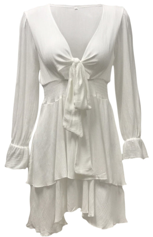 Deep V Ruffle Knot Short Dress – Long Sleeve, Woven Polyester, Flowy Fit