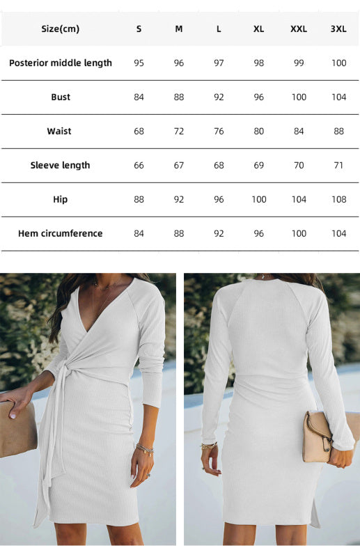 V-Neck Ribbed Long Sleeve Belted Midi Dress – Retro Knit Style