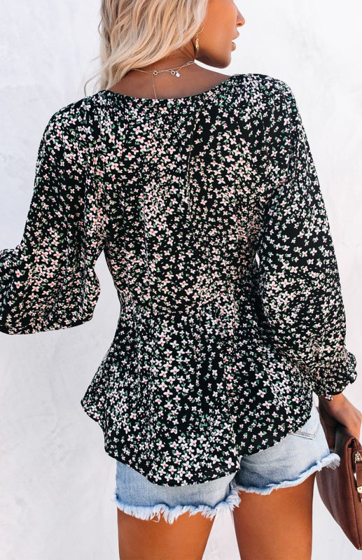 Floral V-Neck Tie Waist Boho Blouse