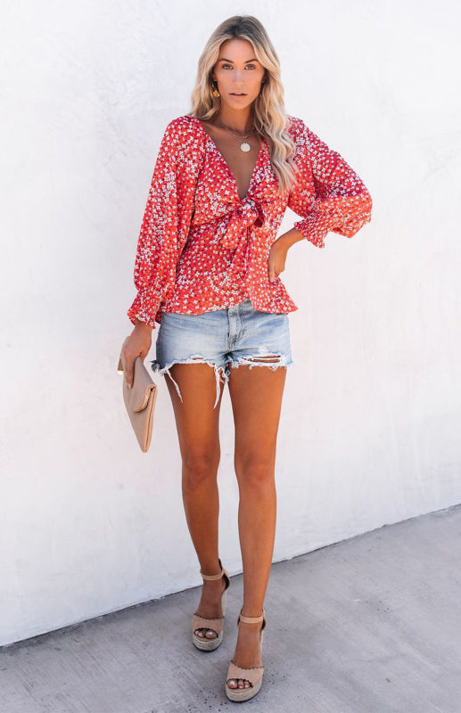 Floral V-Neck Tie Waist Boho Blouse