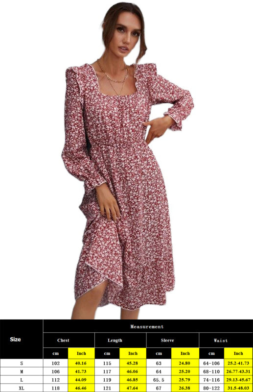 Boho Floral Square Neck Ruffle Dress – Long Sleeve Midi in Wine Red