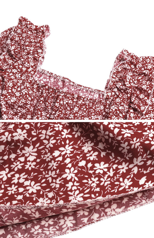 Boho Floral Square Neck Ruffle Dress – Long Sleeve Midi in Wine Red