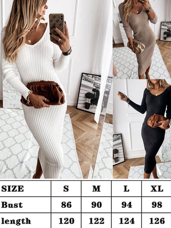 Knit V-Neck Long Sleeve Sweater Dress