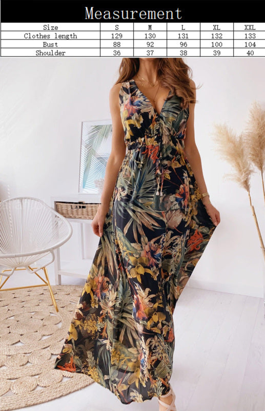 Women's Boho Leaf Print V-Neck Maxi Dress