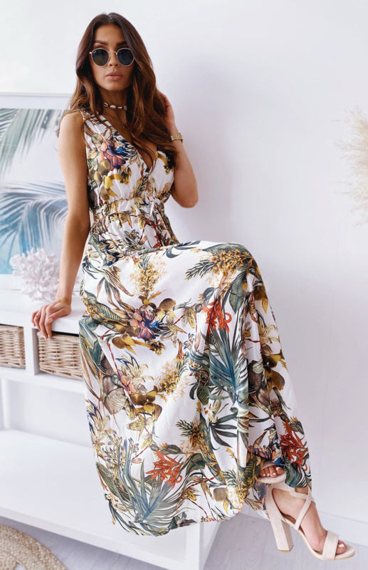 Women's Boho Leaf Print V-Neck Maxi Dress
