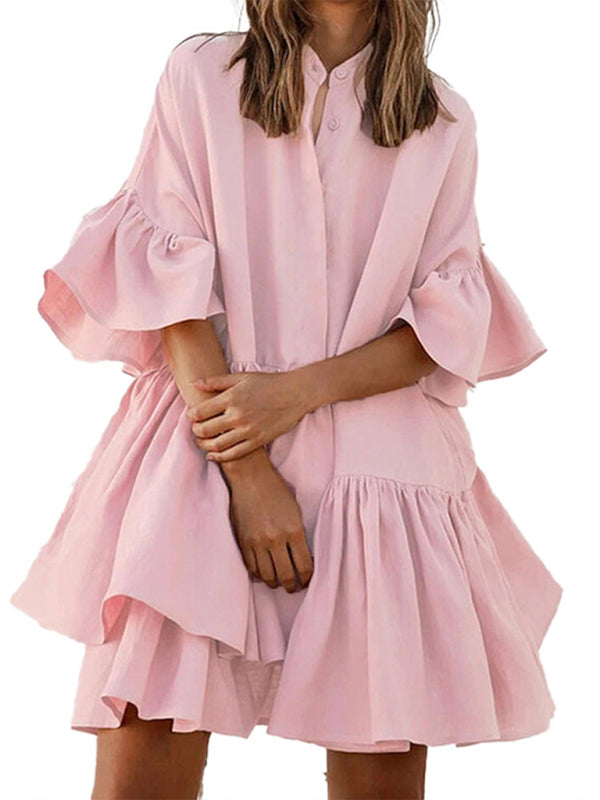 Elegant Ruffle Sleeve Chiffon Dress – Standing Neck, Spring-Summer Style