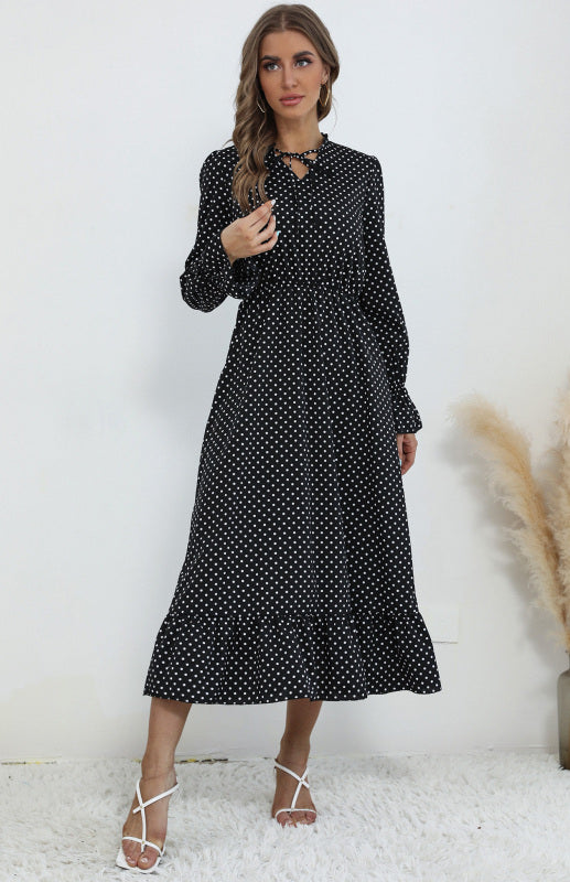 Polka Dot Long Sleeve V-Neck Dress with Waist Tie – Retro Spring Look
