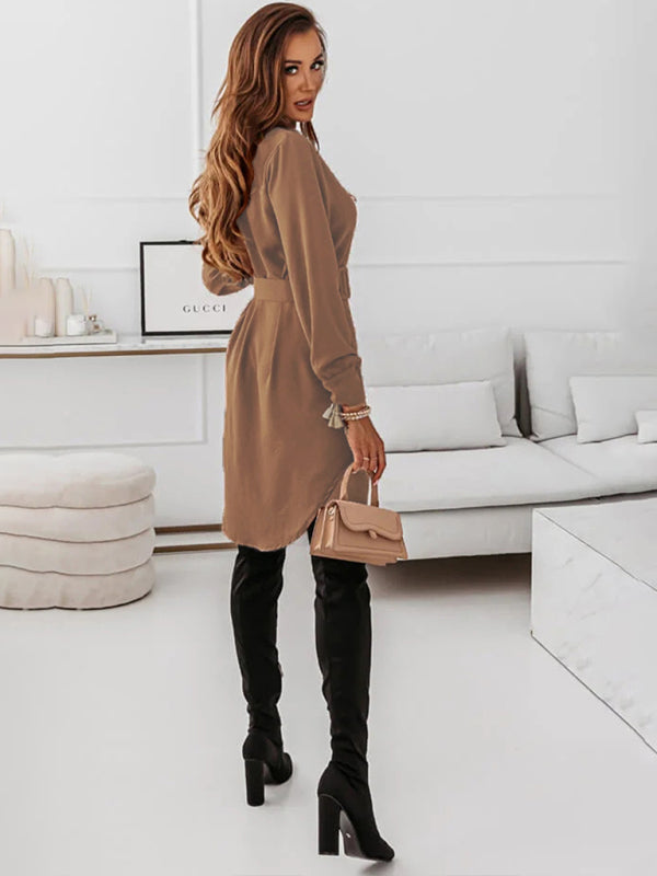 Long Sleeve Lapel Collar Shirt Dress – Casual Solid Color Mid-Length Style