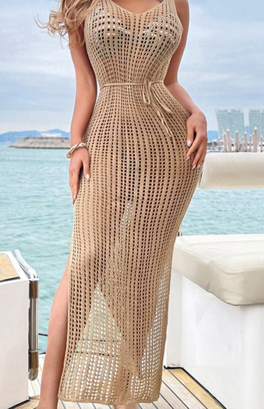 V-Neck Backless Slit Knit Cover-Up Dress – Sleeveless Beachwear