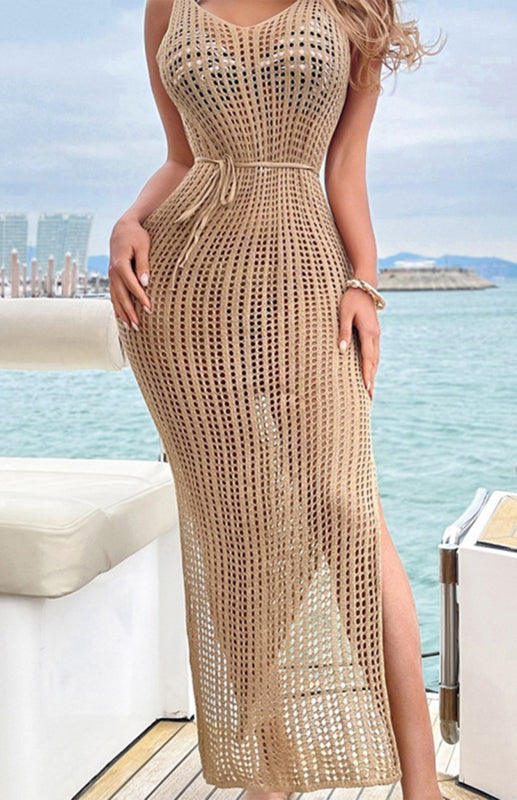 V-Neck Backless Slit Knit Cover-Up Dress – Sleeveless Beachwear