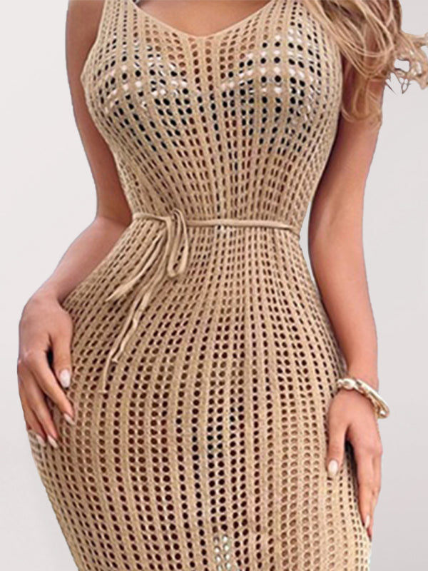 V-Neck Backless Slit Knit Cover-Up Dress – Sleeveless Beachwear