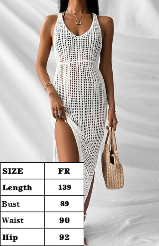 V-Neck Backless Slit Knit Cover-Up Dress – Sleeveless Beachwear
