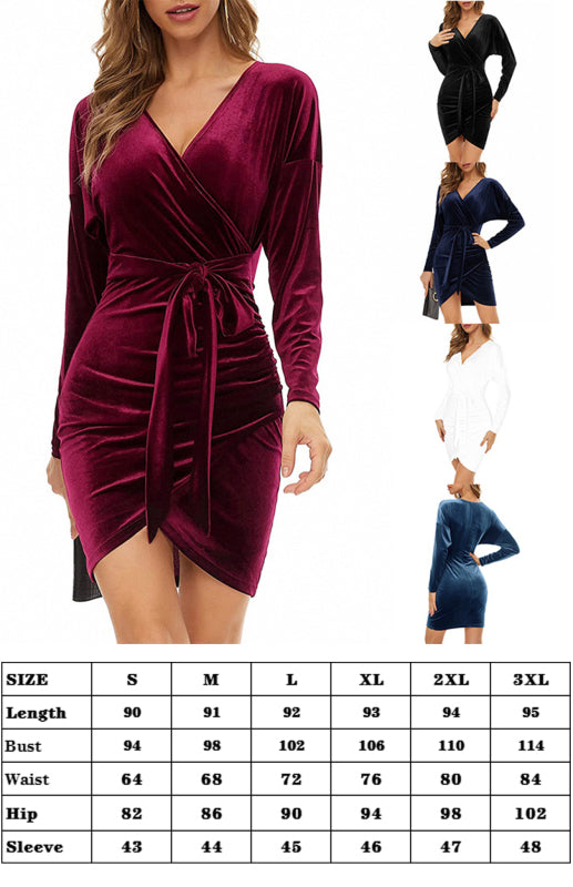 Velvet V-Neck Slim Fit Cocktail Dress – Long Sleeves & High Waist