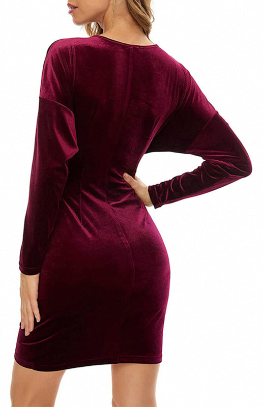 Velvet V-Neck Slim Fit Cocktail Dress – Long Sleeves & High Waist