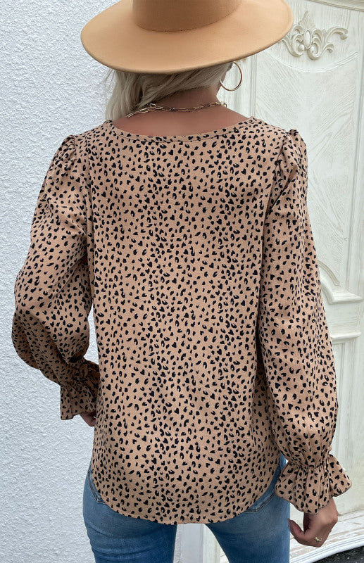 Leopard Print Round Neck Long Sleeve Blouse