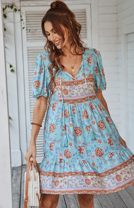 Floral Bohemian V-Neck Dress – Puff Sleeves, Short Sleeve, Spring-Summer Casual