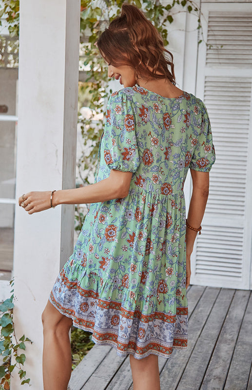 Floral Bohemian V-Neck Dress – Puff Sleeves, Short Sleeve, Spring-Summer Casual