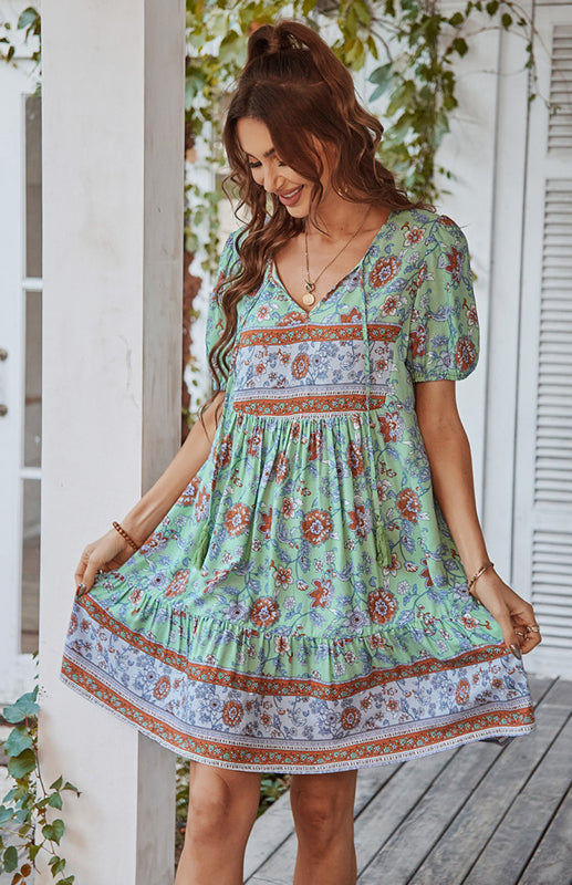 Floral Bohemian V-Neck Dress – Puff Sleeves, Short Sleeve, Spring-Summer Casual