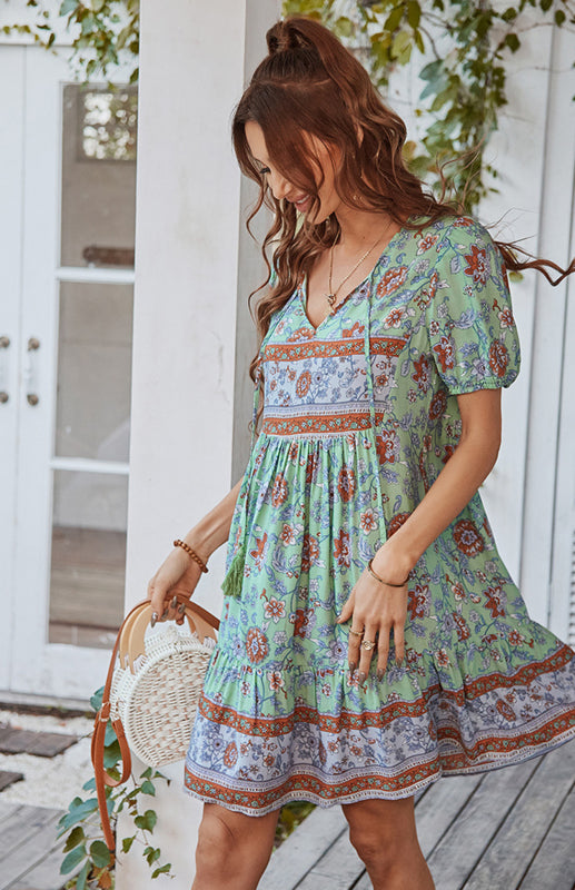 Floral Bohemian V-Neck Dress – Puff Sleeves, Short Sleeve, Spring-Summer Casual