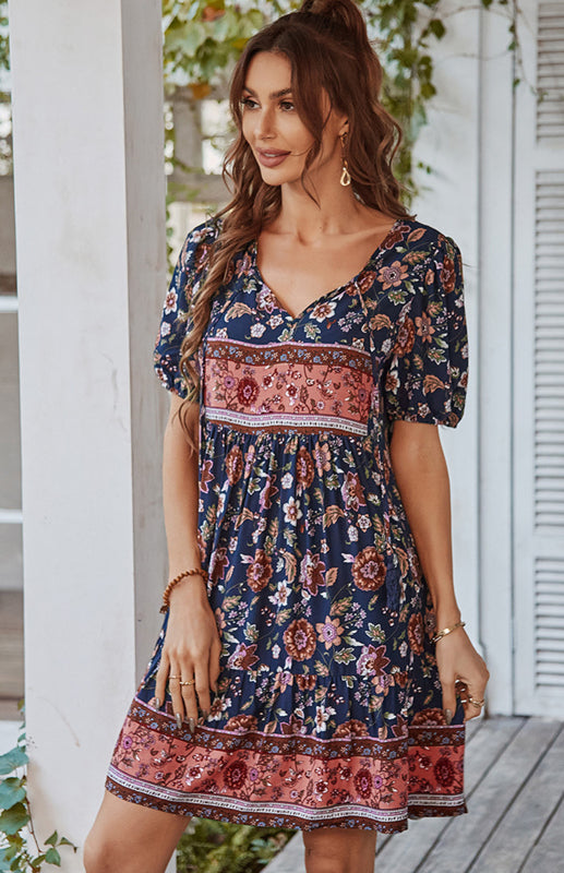 Floral Bohemian V-Neck Dress – Puff Sleeves, Short Sleeve, Spring-Summer Casual