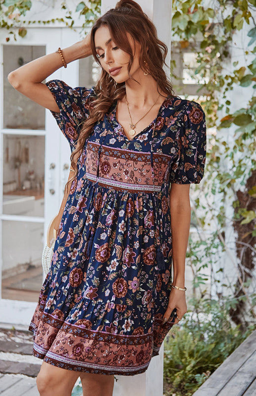 Floral Bohemian V-Neck Dress – Puff Sleeves, Short Sleeve, Spring-Summer Casual